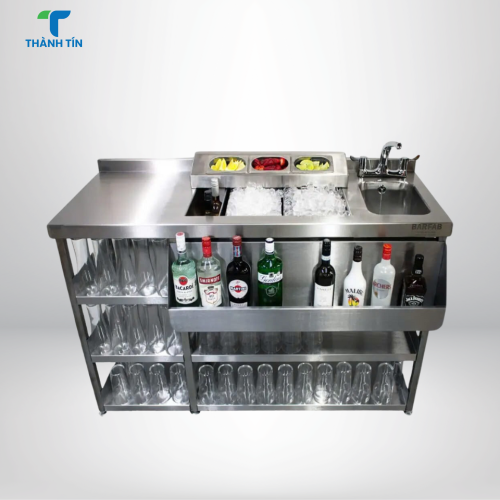 QUẦY PHA CHẾ INOX CÓ RAIL ĐỰNG SIRUP VÀ LY