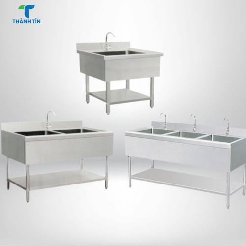 CHẬU RỬA INOX 1,2,3 HỘC, ỐP 3 MẶT, CÓ KỆ PHẲNG DƯỚI