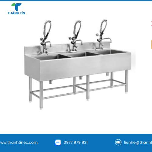 CHẬU RỬA INOX 3 HỘC PHÒNG SẠCH CÓ VÒI XỊT CÔNG NGHIỆP